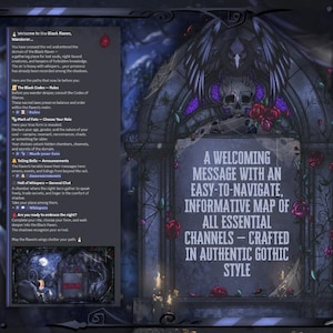 May include: A gothic-style digital graphic with a dark, ornate frame. The central image features a stone monument with a skull, roses, and the text: "A WELCOMING MESSAGE WITH AN EASY-TO-NAVIGATE, INFORMATIVE MAP OF ALL ESSENTIAL CHANNELS - CRAFTED IN AUTHENTIC GOTHIC STYLE."