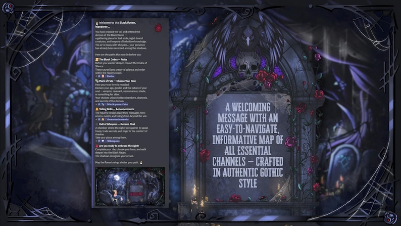 May include: A gothic-style digital graphic with a dark, ornate frame. The central image features a stone monument with a skull, roses, and the text: "A WELCOMING MESSAGE WITH AN EASY-TO-NAVIGATE, INFORMATIVE MAP OF ALL ESSENTIAL CHANNELS - CRAFTED IN AUTHENTIC GOTHIC STYLE."