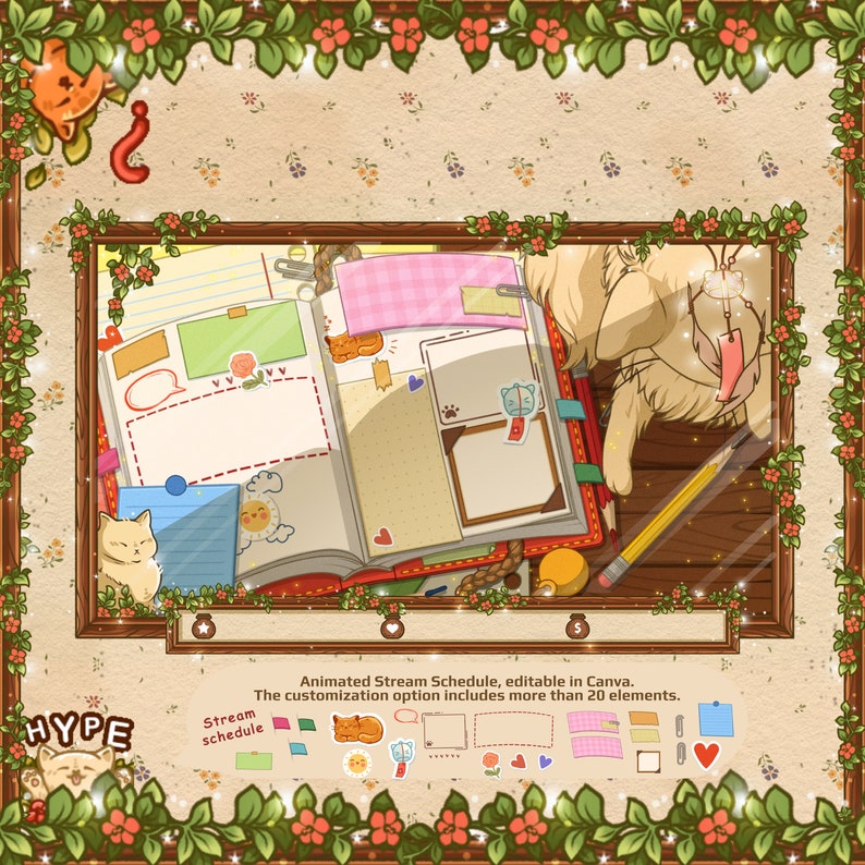 Puede incluir: Una ilustraci&oacute;n digital de un gato durmiendo sobre un libro con un l&aacute;piz y otros art&iacute;culos de papeler&iacute;a. El libro est&aacute; abierto y tiene una nota adhesiva a cuadros rosa y blanca. La imagen est&aacute; enmarcada con un borde de hojas verdes y flores rojas. El texto "Animated Stream Schedule, editable in Canva. The customization option includes more than 20 elements." est&aacute; en la parte inferior de la imagen.