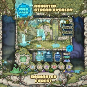 Peut inclure: Une superposition de flux animée sur le thème de la forêt enchantée. La conception comprend une cascade, des structures en pierre et divers éléments animés. Le texte comprend "PRO PACK", "Animated Stream Overlay" et "Enchanted Forest".