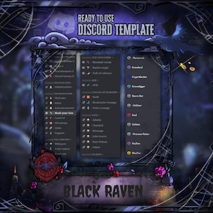 May include: A dark, gothic-themed Discord template with a black and purple color scheme. The design includes a raven illustration, spiderwebs, and floral accents. Text on the template reads "Ready to Use Discord Template" and "Black Raven".