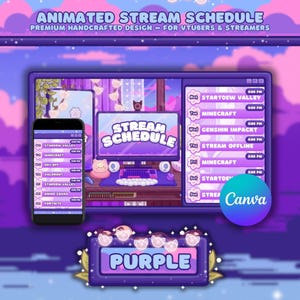 Peut inclure: Conception numérique d'un emploi du temps de diffusion animé en nuances de violet. Le design comprend un écran d'ordinateur, un smartphone et un emploi du temps avec des titres de jeux. Le texte "STREAM SCHEDULE" est bien visible.