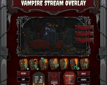 Könnte beinhalten: Ein digitales Stream-Overlay im Vampir-Design mit einer dunkelroten und schwarzen Gothic-Ästhetik. Es enthält einen zentralen Sichtrahmen, sargförmige Symbole und verschiedene Textfelder mit den Beschriftungen Discord, Shop, Website, Donate, Schedule und Wishlist.