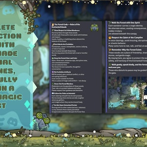 May include: A digital graphic with a forest theme, featuring text that reads "A COMPLETE RULES SECTION FILLED WITH READY-MADE ESSENTIAL GUIDELINES, BEAUTIFULLY STYLED IN A CLASSIC MAGIC FOREST." Additional text includes "The Forest Code - Rules of the Enchanted Woods."
