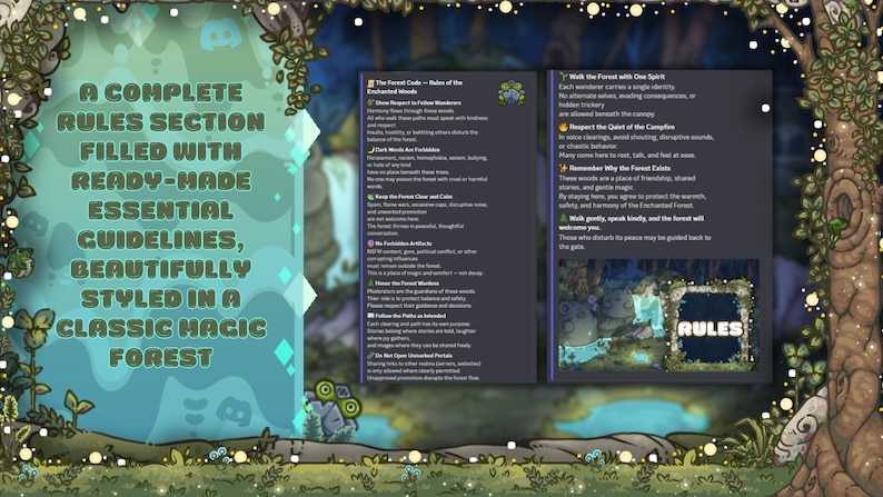 May include: A digital graphic with a forest theme, featuring text that reads "A COMPLETE RULES SECTION FILLED WITH READY-MADE ESSENTIAL GUIDELINES, BEAUTIFULLY STYLED IN A CLASSIC MAGIC FOREST." Additional text includes "The Forest Code - Rules of the Enchanted Woods."