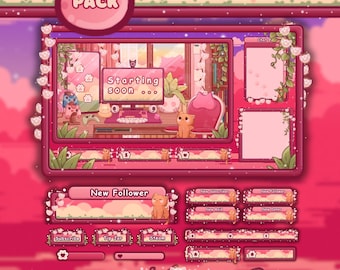 Animated Twitch Overlay Pink Cozy Cat Stream Overlay, Cottagecore Overlay Red Stream Package Twitch Panels Stream Lofi youtube overlay set