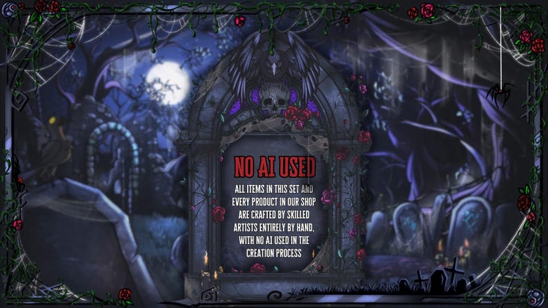 May include: A gothic-themed illustration with a graveyard scene under a full moon. A stone archway with a skull and roses frames the text "NO AI USED". The text states all items are crafted by skilled artists entirely by hand.