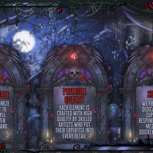 May include: An artistic digital illustration with a gothic theme. Three arched structures with text panels are set against a moonlit forest backdrop. The panels read "Customizable", "Premium Quality", and "Support". The image features skulls, roses, and spiderwebs.