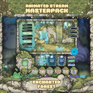 May include: An animated stream masterpack with an enchanted forest theme, featuring a chat box, alert overlays, and status bars. The design includes stone-like borders, mossy textures, a waterfall background, and a small frog icon.