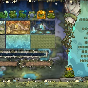 May include: Digital art featuring a forest theme with various decorative assets. Includes frog-themed stickers, dividers, and backgrounds. Text reads "AND PLENTY OF EXTRA DECORATIVE ASSETS: STICKERS, DIVIDERS, BACKGROUNDS, AND MORE TO ENRICH YOUR MAGIC FOREST SERVER."