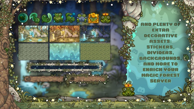 May include: Digital art featuring a forest theme with various decorative assets. Includes frog-themed stickers, dividers, and backgrounds. Text reads "AND PLENTY OF EXTRA DECORATIVE ASSETS: STICKERS, DIVIDERS, BACKGROUNDS, AND MORE TO ENRICH YOUR MAGIC FOREST SERVER."