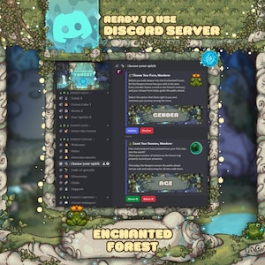 Peut inclure: Graphique numérique pour un serveur Discord, sur le thème d'une forêt fantaisiste. Le design comprend le texte "READY TO USE DISCORD SERVER" et "ENCHANTED FOREST". L'interface propose des options de genre et d'âge, avec une mascotte grenouille.