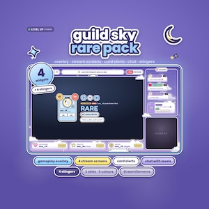 May include: A purple-themed digital streaming overlay package titled guild sky rare pack. It includes a main gameplay frame, chat box, camera window, and various widgets. Text elements include overlay, stream screens, card alerts, chat, stingers, and StreamElements. The design features cloud motifs, a crescent moon, and star icons.