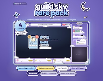 Könnte beinhalten: Ein violettes digitales Streaming-Overlay-Paket mit dem Titel guild sky rare pack. Es enthält einen Haupt-Gameplay-Rahmen, ein Chat-Fenster, ein Kamera-Fenster und verschiedene Widgets. Textinhalte umfassen overlay, stream screens, card alerts, chat, stingers und StreamElements. Das Design zeigt Wolkenmotive, eine Mondsichel und Sternsymbole.