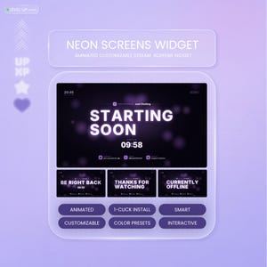 May include: A digital neon screens widget set featuring a purple gradient background. The main display shows STARTING SOON with a countdown timer. Additional screens include BE RIGHT BACK, THANKS FOR WATCHING, and CURRENTLY OFFLINE. Buttons indicate features like ANIMATED, 1-CLICK INSTALL, and CUSTOMIZABLE.