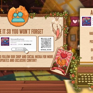May include: A decorative shop banner with the text "SAVE IT SO YOU WON'T FORGET." Includes QR codes, social media links, and shop details. Features a cartoon cat and floral accents. The banner also includes the text "ABOUT US:" and shop statistics.