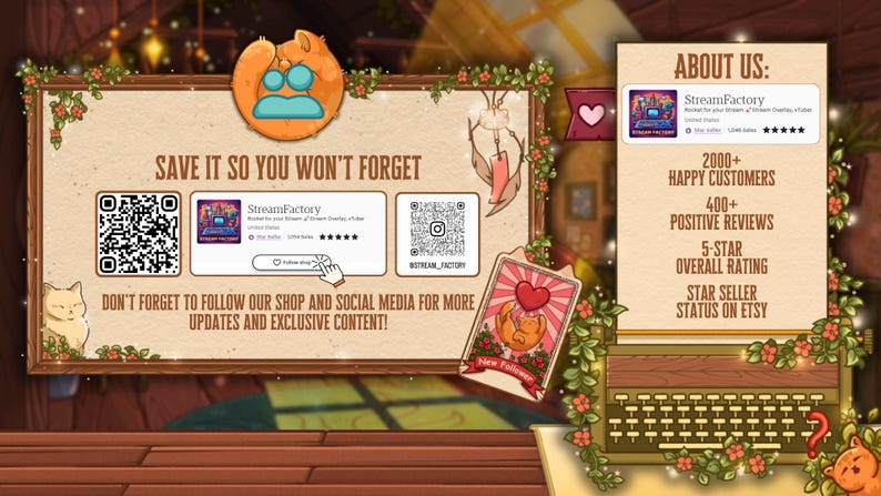 May include: A decorative shop banner with the text "SAVE IT SO YOU WON'T FORGET." Includes QR codes, social media links, and shop details. Features a cartoon cat and floral accents. The banner also includes the text "ABOUT US:" and shop statistics.