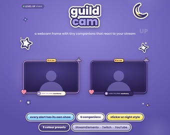 Könnte beinhalten: Ein digitales Webcam-Rahmen-Overlay mit dem Titel guild cam, bestehend aus zwei rechteckigen Rahmen mit abgerundeten Ecken, einem Halbmond, Sternen und Textbeschriftungen wie every alert has its own show, 6 companions und 5 colour presets.