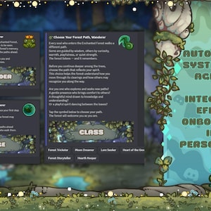 May include: A digital interface with a forest theme, featuring interactive elements for a role-playing game. The interface includes options for gender, age, and class selection, with text that reads "AUTOMATED ROLE SYSTEM: GENDER, AGE & CLASS".