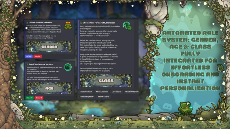May include: A digital interface with a forest theme, featuring interactive elements for a role-playing game. The interface includes options for gender, age, and class selection, with text that reads "AUTOMATED ROLE SYSTEM: GENDER, AGE & CLASS".