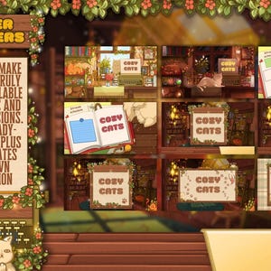May include: A digital art display featuring server banners with a cozy cat theme. The image showcases various banner designs, including the text "COZY CATS" and a book with the same text. The image also includes the text "9 Banners to make your server truly unique".