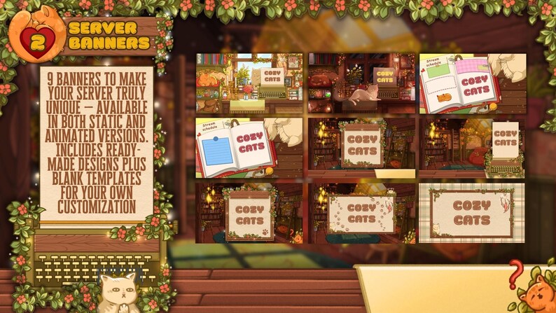 May include: A digital art display featuring server banners with a cozy cat theme. The image showcases various banner designs, including the text "COZY CATS" and a book with the same text. The image also includes the text "9 Banners to make your server truly unique".