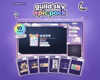 Könnte beinhalten: Ein digitales Streaming-Overlay-Paket mit dem Titel guild sky epic pack in Lila und Weiß. Enthält 10 Widgets und 4 Stinger, mit einem Hauptbildschirm-Layout, Chat-Box, Kamerarahmen und einzelnen Karten für check-in, medallion, info slides, scratch, guild cam und counter.