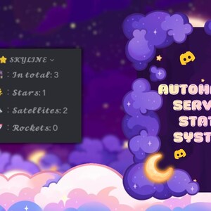 Op de afbeelding: Een digitale afbeelding met een nachthemelthema. Het bevat de tekst "AUTOMATED SERVER STATS SYSTEM" en een paneel met serverstatistieken. Het ontwerp bevat wolken, sterren en Discord-logo's.