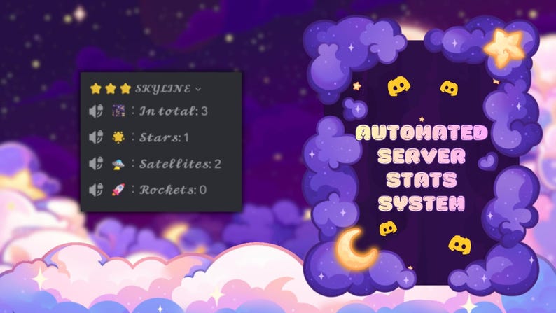 Op de afbeelding: Een digitale afbeelding met een nachthemelthema. Het bevat de tekst "AUTOMATED SERVER STATS SYSTEM" en een paneel met serverstatistieken. Het ontwerp bevat wolken, sterren en Discord-logo's.