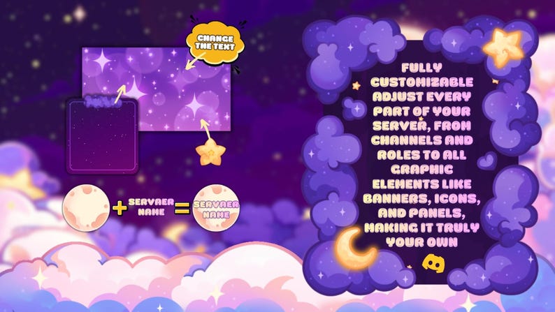 Op de afbeelding: Een digitale afbeelding met een paars en sterrenhemel thema. De afbeelding bevat aanpasbare elementen voor een server, met de tekst "FULLY CUSTOMIZABLE" en "CHANGE THE TEXT". Een gele ster en maan zijn ook aanwezig.