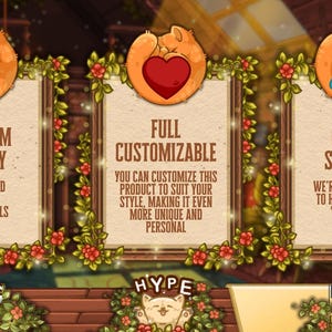 May include: Three framed illustrations with cat-themed icons and text. The first reads "Premium Quality" and "Handcrafted by Skilled Professionals." The second says "Full Customizable" with additional text. The third says "Online Support" with additional text.