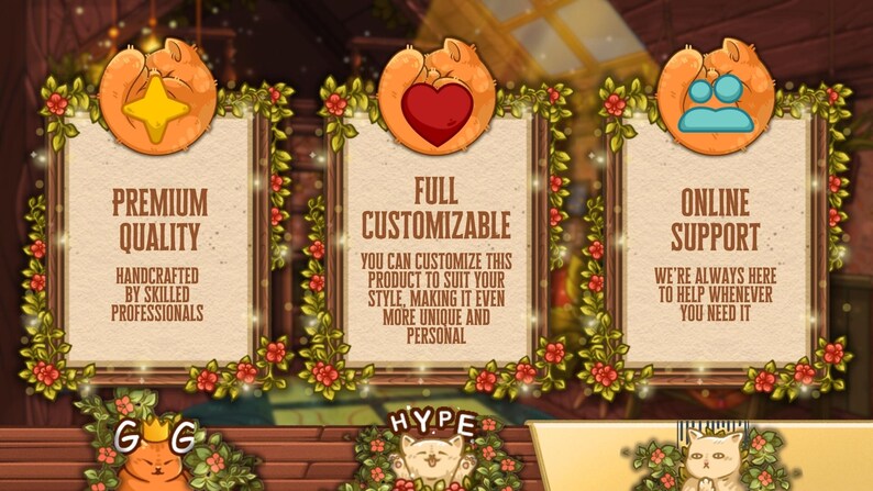 May include: Three framed illustrations with cat-themed icons and text. The first reads "Premium Quality" and "Handcrafted by Skilled Professionals." The second says "Full Customizable" with additional text. The third says "Online Support" with additional text.