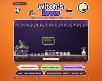 Könnte beinhalten: Ein digitales Overlay für Streaming mit dem Titel Witch's Brew, ein gruseliges Café, bei dem der Chat Zaubertränke bestellt. Es zeigt ein violettes Banner, einen Kessel, ein Tränkemenü und verschiedene Tassen auf einer Theke. Enthält Text: chat orders potions, names on the mugs, cauldron brews live, subs, raids, tips do things, StreamElements, Twitch, YouTube, Kick.