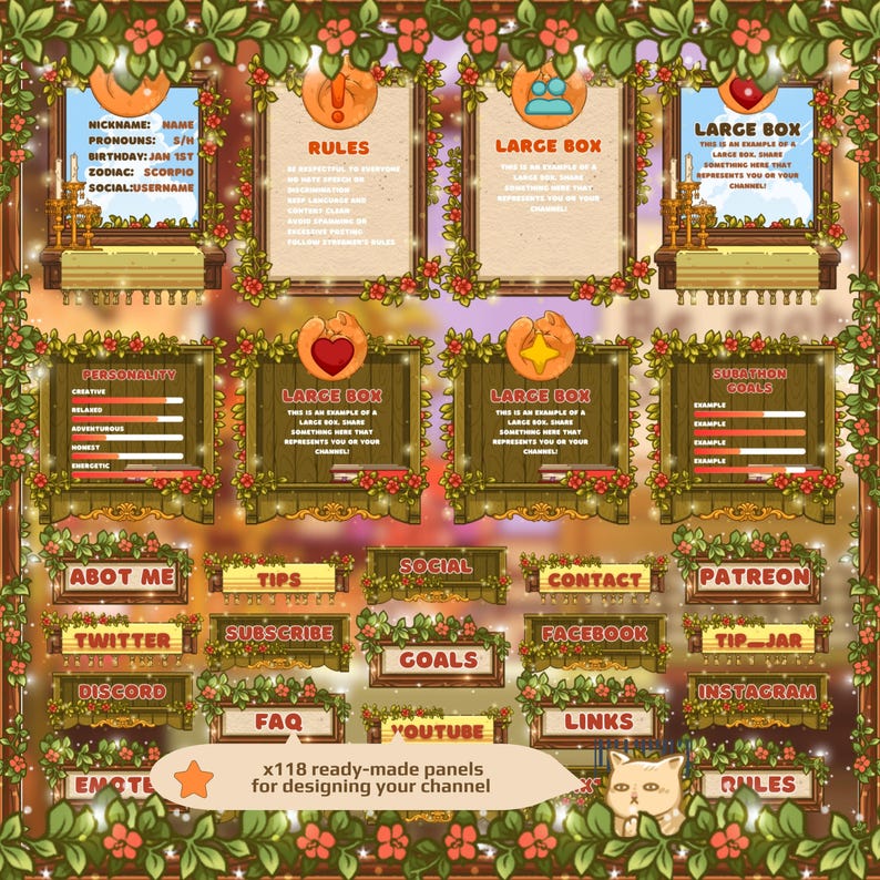 Puede incluir: Un conjunto de 118 paneles de canal de Twitch personalizables en un estilo de dibujos animados con un tema floral y de madera. Los paneles presentan varias secciones para informaci&oacute;n sobre el streamer, incluidas las reglas, la personalidad, los objetivos, los enlaces a las redes sociales y m&aacute;s.