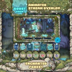 Puede incluir: Una superposición de transmisión animada con un tema de bosque encantado. El diseño presenta una escena central animada con una cascada y elementos forestales, rodeada de marcos e iconos decorativos. El texto incluye "BOOST PACK" y "ENCHANTED FOREST."