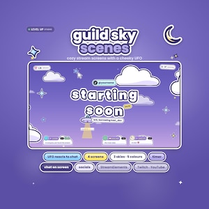 May include: A digital stream overlay package titled guild sky scenes featuring a purple sky background with white clouds, stars, a crescent moon, and a UFO graphic. The interface includes text elements like starting soon, social media handles, chat boxes, and a timer.