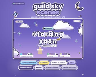 Könnte beinhalten: Ein digitales Stream-Overlay-Paket mit dem Titel guild sky scenes, das einen violetten Himmelshintergrund mit weißen Wolken, Sternen, einer Mondsichel und einer UFO-Grafik zeigt. Die Benutzeroberfläche enthält Texte wie starting soon, Social-Media-Handles, Chat-Boxen und einen Timer.
