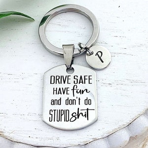 New Driver Keychain: Engraved Stainless Steel Tag, Initial Charm