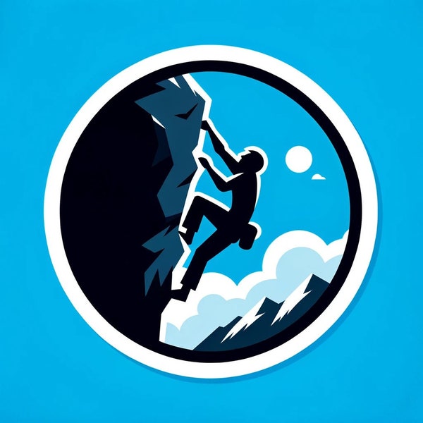 Rock Climbing Waterproof Color sticker, decal, 3" circle. Climber on overhang or Slab, blue sky. Perfect for water bottles, laptops,