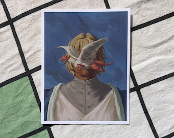 May include: Art print featuring a person with blonde hair and a white and red winged creature covering their face. The background is a dark blue with brushstrokes. The person is wearing a white and gray collared shirt.