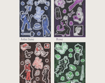 May include: Four sticker sheets featuring cartoon illustrations of characters with various themes. The sheets are labeled "John/June", "Rose", "Dave", and "Jade". Each sheet has a different color scheme, with the characters in various poses and holding objects.