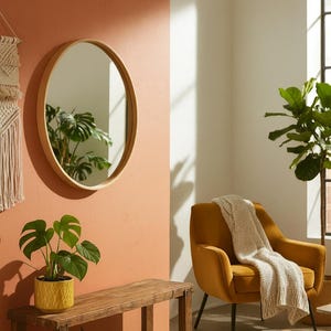 Round Oak Wood Bathroom Wall Mirror, Modern Hallway Mirror