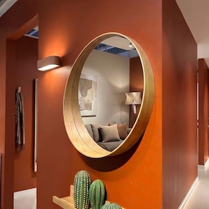 Round Deep Frame Wood Wall Mirror, Oak or Walnut, Hallway & Bathroom Mirror