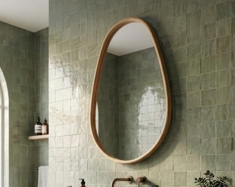 Asymmetrical Pebble Wood Wall Mirror, Solid Oak or Walnut Frame, Bathroom & Hallway Mirror