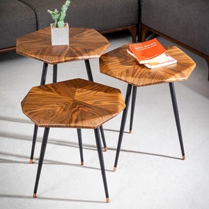 May include: A trio of hexagonal side tables with a natural wood grain finish. The tables have black metal legs with copper-coloured tips. One table has a small potted cactus, and another has two books.