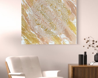 Structured image abstract picture art painting white beige gold wall decoration 50 x 50 cm
