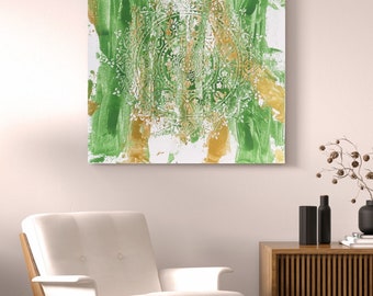 Structured image abstract picture art painting white green gold wall decoration 50 x 50 cm