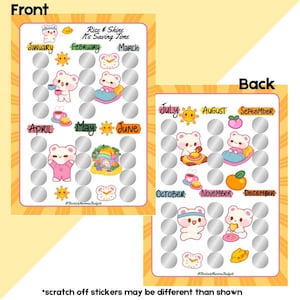 May include: A two-sided, illustrated scratch-off calendar with a yellow border. The front side features months from January to June, and the back side features months from July to December. Each month has a series of silver circles for scratching. The calendar has cute bear illustrations.