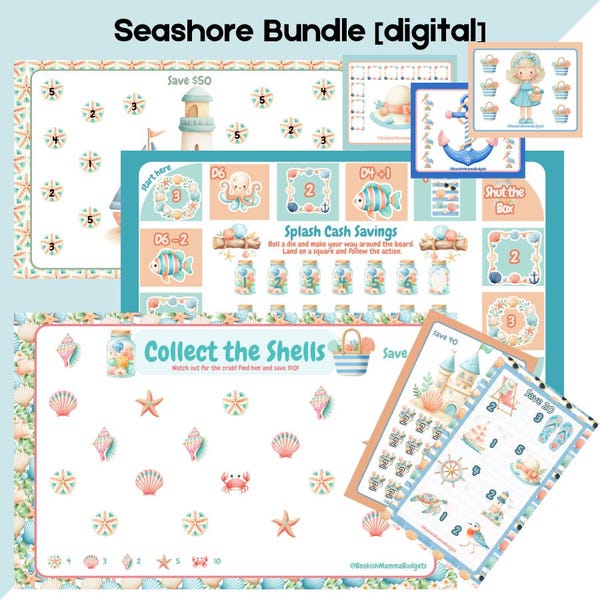 Seashore Savings Bundle, Nautical Money Game, Vacation Budget Tracker (PDF)
