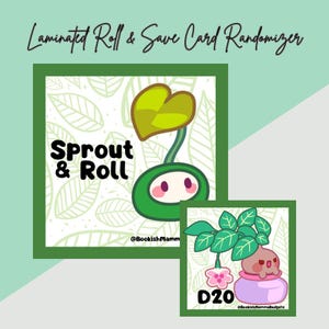 Może przedstawiać: Zielony i biały laminowany randomizator kart z tekstem "Laminated Roll & Save Card Randomizer". Karta przedstawia postać z kreskówki z kiełkami z tekstem "Sprout & Roll" i mniejszą kartę z grafiką D20.